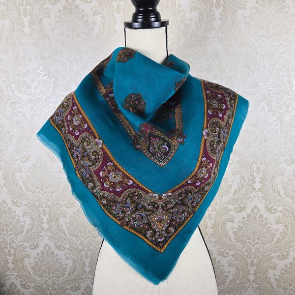 Collections Acrylic Square Scarf Turquoise Gold Mandala Inspired Print Scarf - Picture 4 of 7